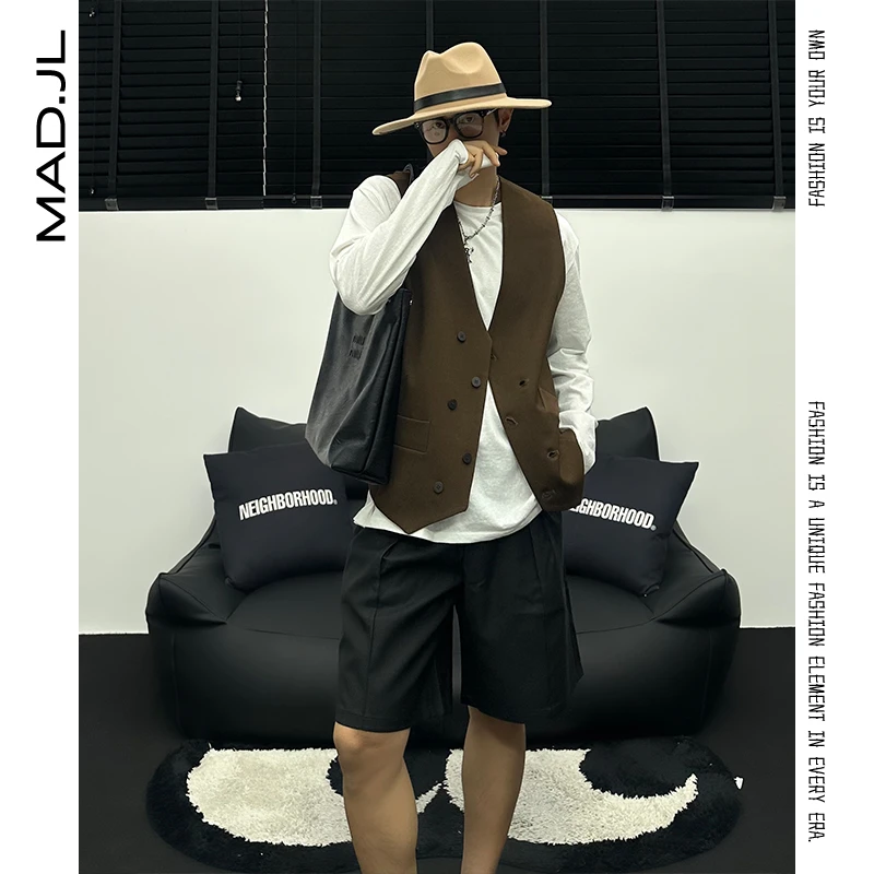 Mad春夏高密度高质感细织定制纽扣缎面内胆宽松复古休闲马甲男