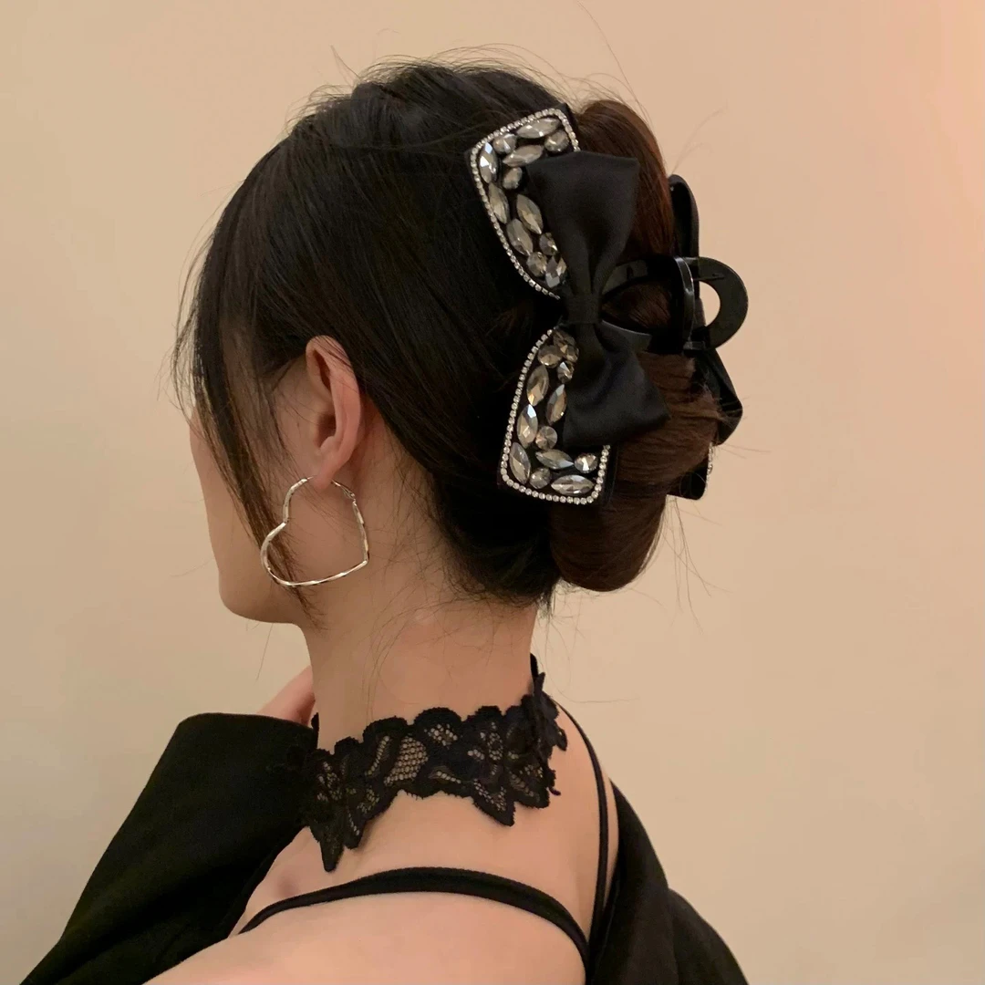 法式双层镶钻蝴蝶结抓夹女温柔气质后脑勺盘发夹子鲨鱼夹头饰发饰