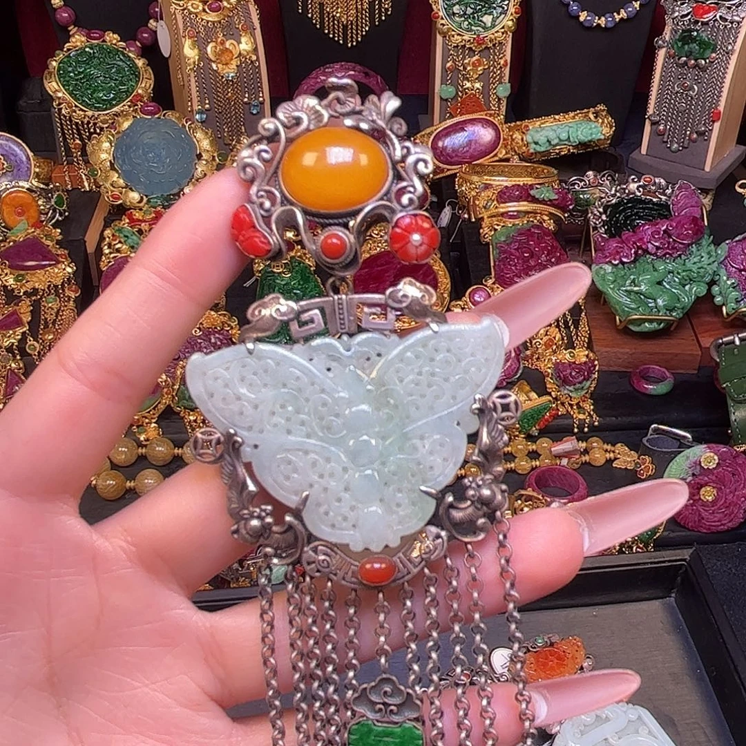 翡翠银S925镀金镶嵌颈饰