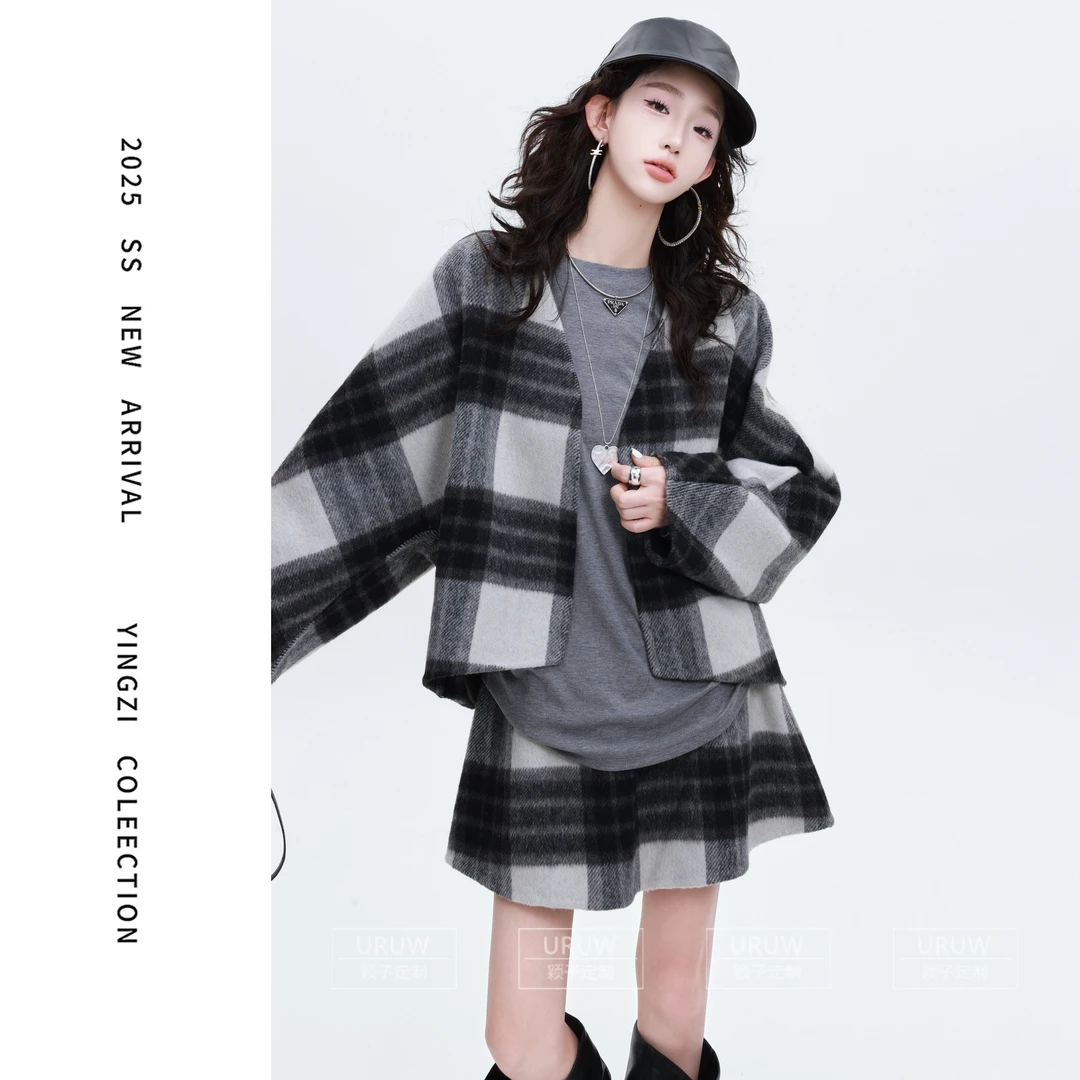颖子定制【晚风呢喃】羊毛格纹双面毛呢外套女时尚百搭A字短裙6686