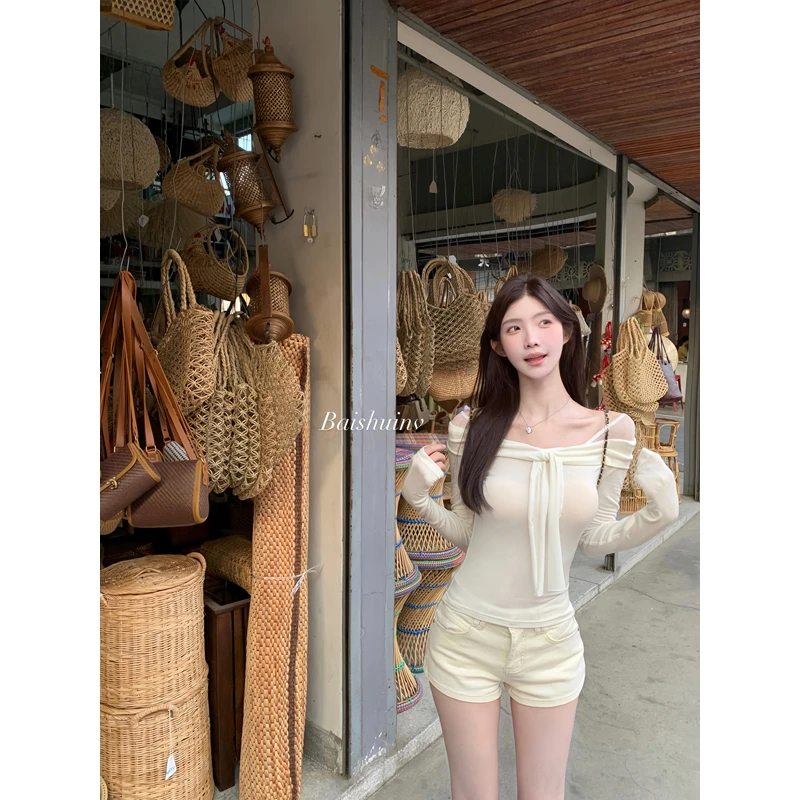 白水女 淡颜氧气 莱赛尔羊毛一字肩T恤女早春设计感假两件上衣