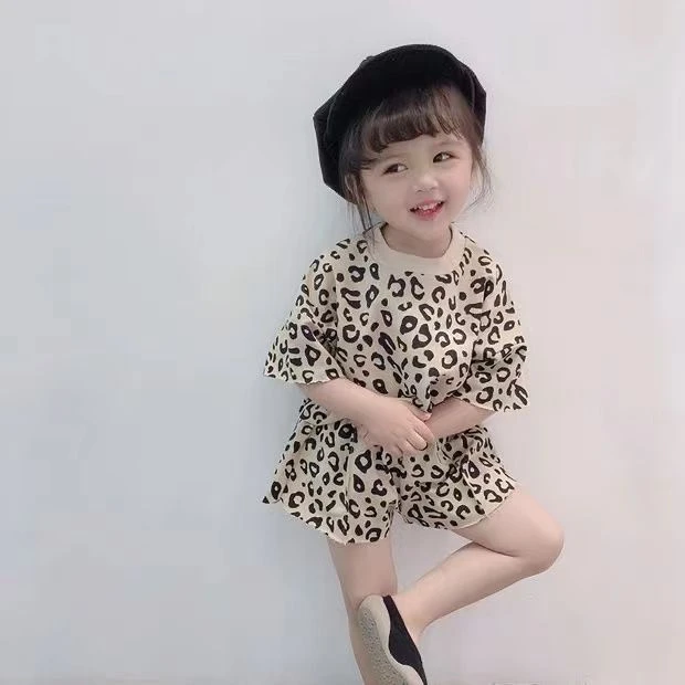 女童夏季套装宝宝薄款豹纹短袖短裤中小童洋气韩版网红纯棉衣服潮
