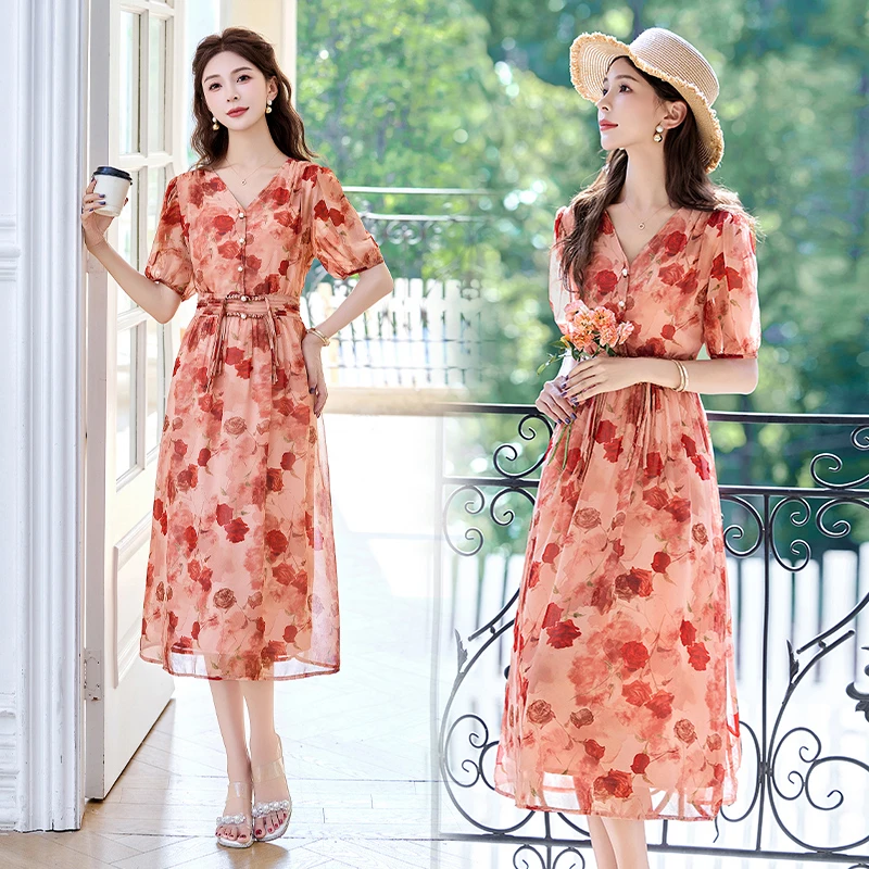 连衣裙碎花显瘦气质时尚夏季法式收腰印花洋气复古中长款遮肚裙子