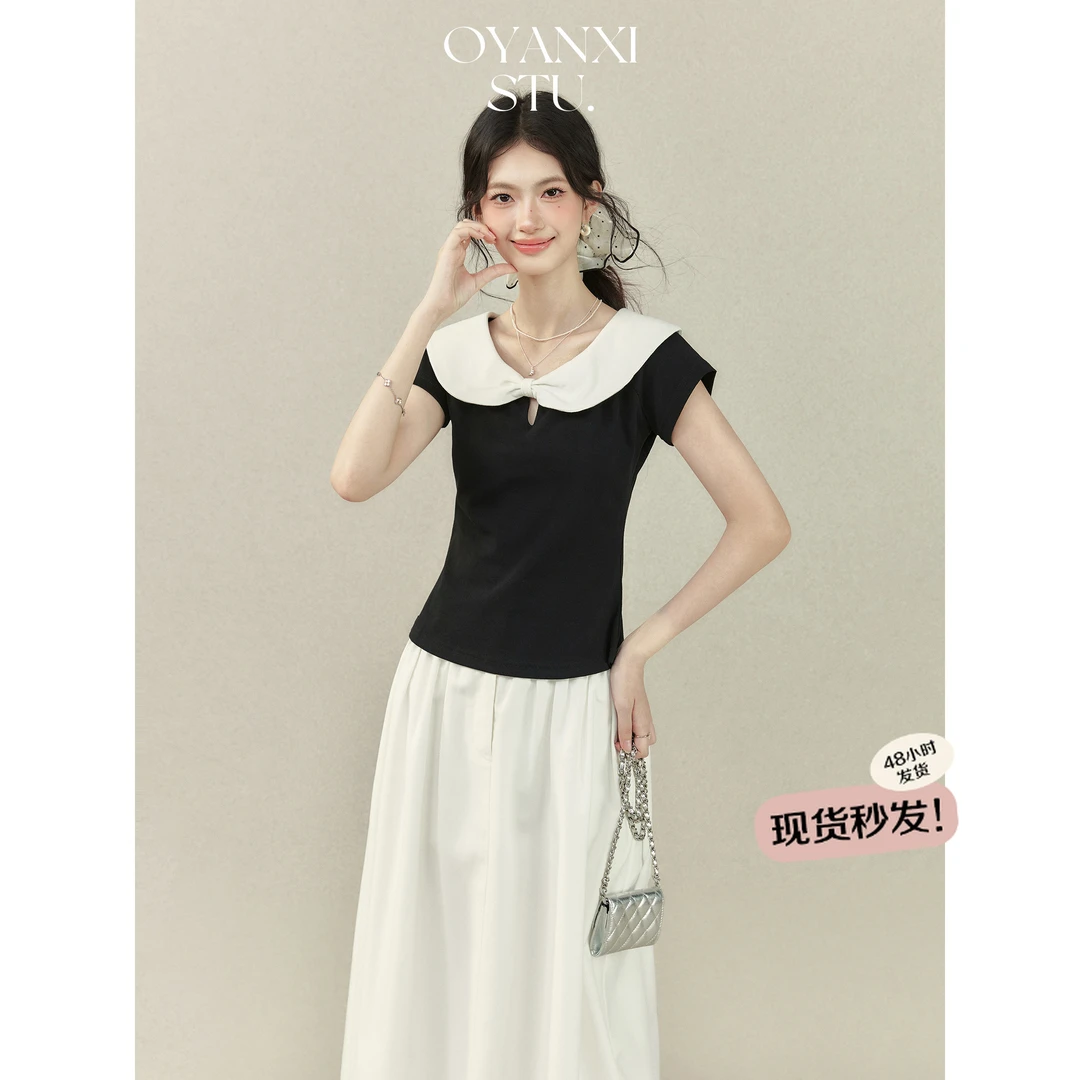 欧阳喜《赫本往事》撞色娃娃领短袖t恤女夏季学院风黑色正肩上衣