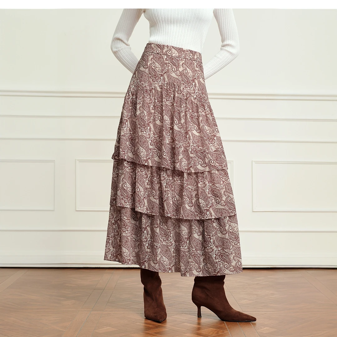 芭蒂娜复古印花A字半身裙秋季气质轻薄雪纺裙高腰蛋糕裙653S028