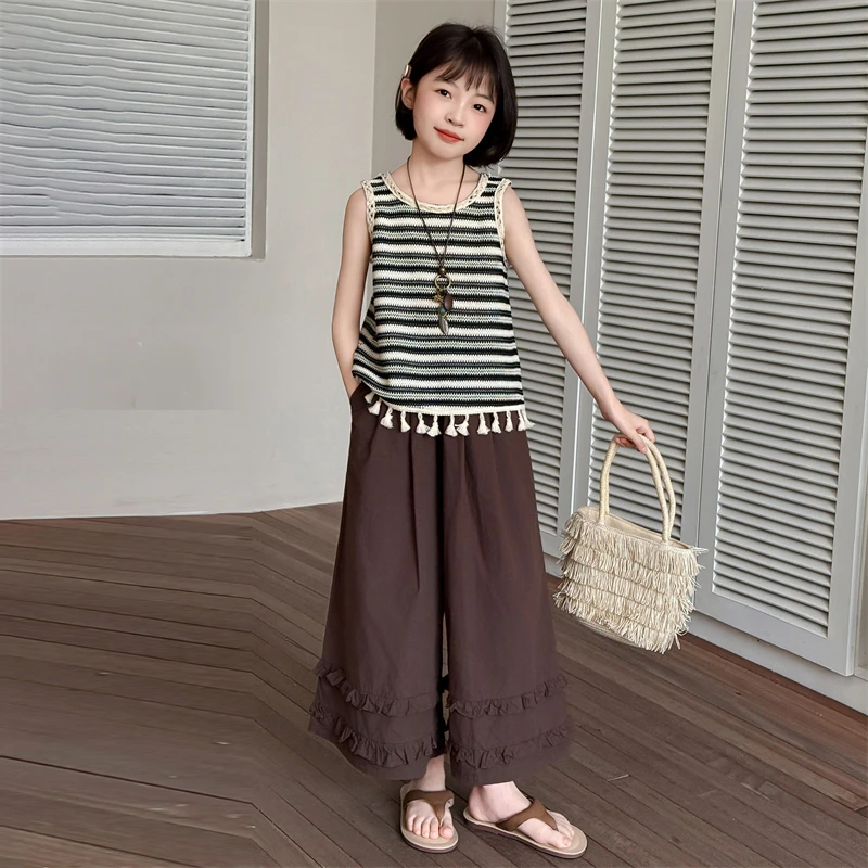 女童夏季时尚背心套装2025新款中大儿童6-12岁15岁时尚夏装阔腿裤