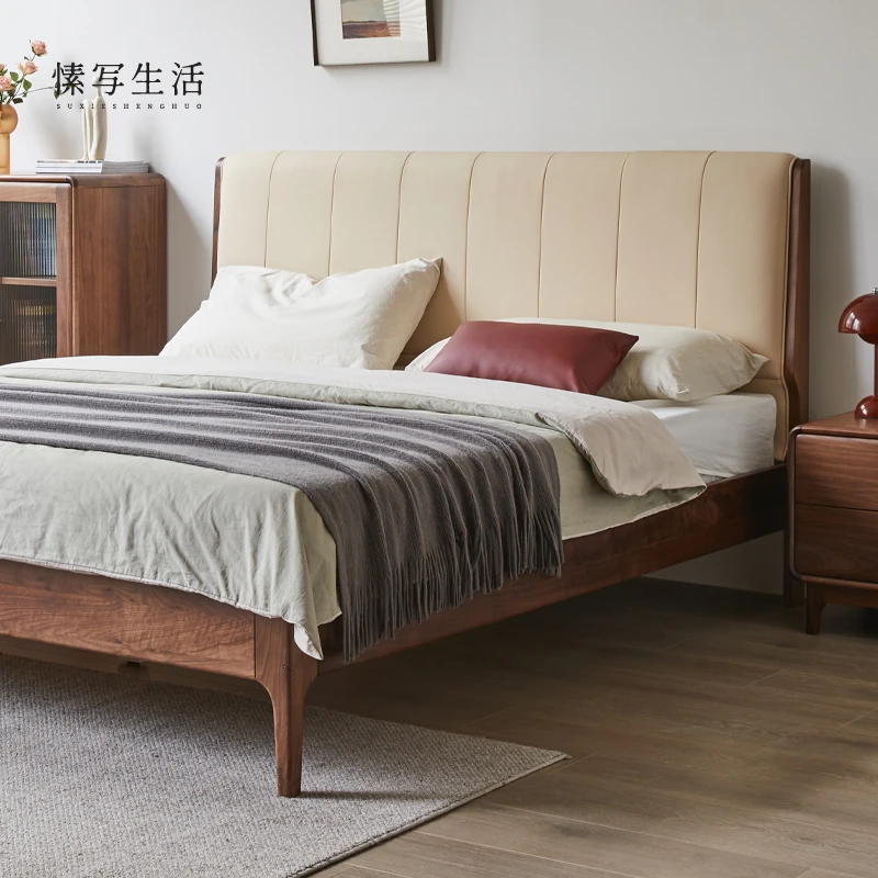 实木床1.8米简约现代黑胡桃木真皮床现代简约主卧双人床