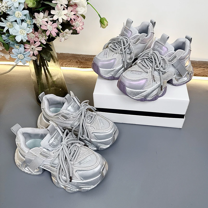 （单网）爆款厚底老爹鞋女水钻显脚小增高休闲鞋2025新款松糕运动鞋