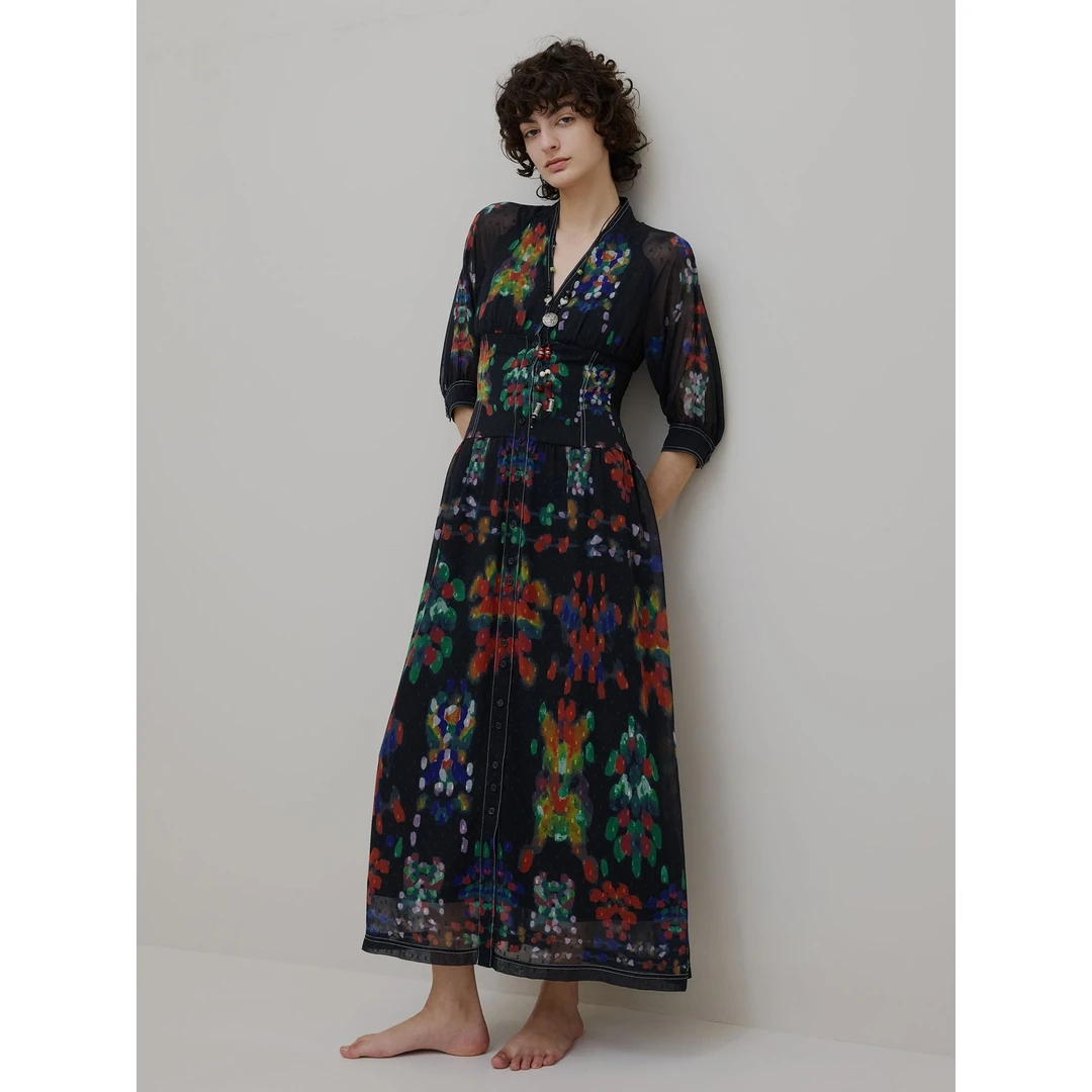 【小E家 】夏季新款 代 时尚气质复古深V领优雅印花设计师连衣裙