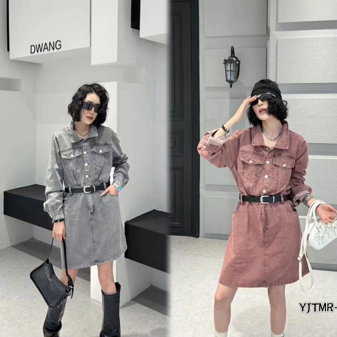 唐893大码女2025春新款胖mm收腰显瘦高品后开叉牛仔短连衣裙