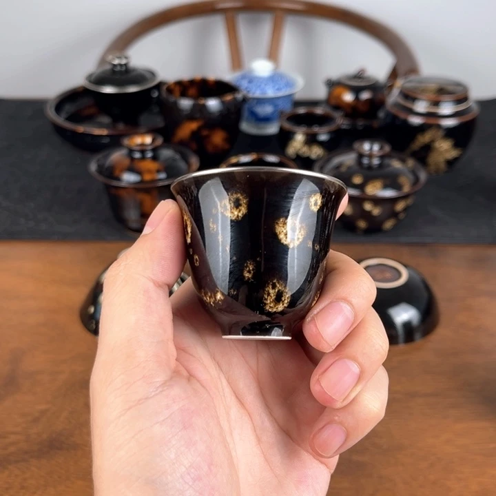 杯点彩鹧鸪斑描金小闻香杯