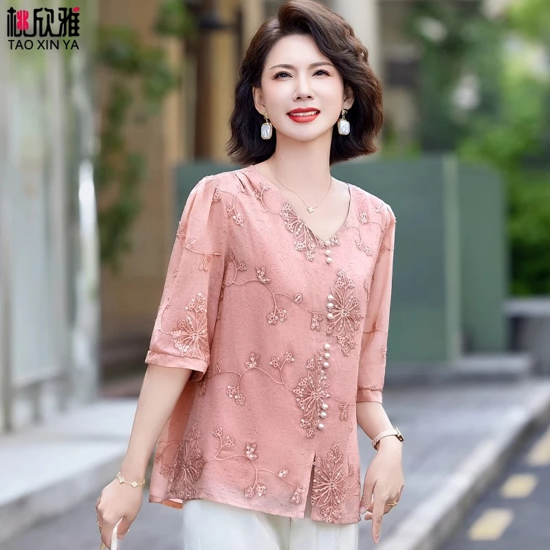 妈妈装夏装新中式国风亮片刺绣衬衫中老年女夏季套装短袖t恤上衣