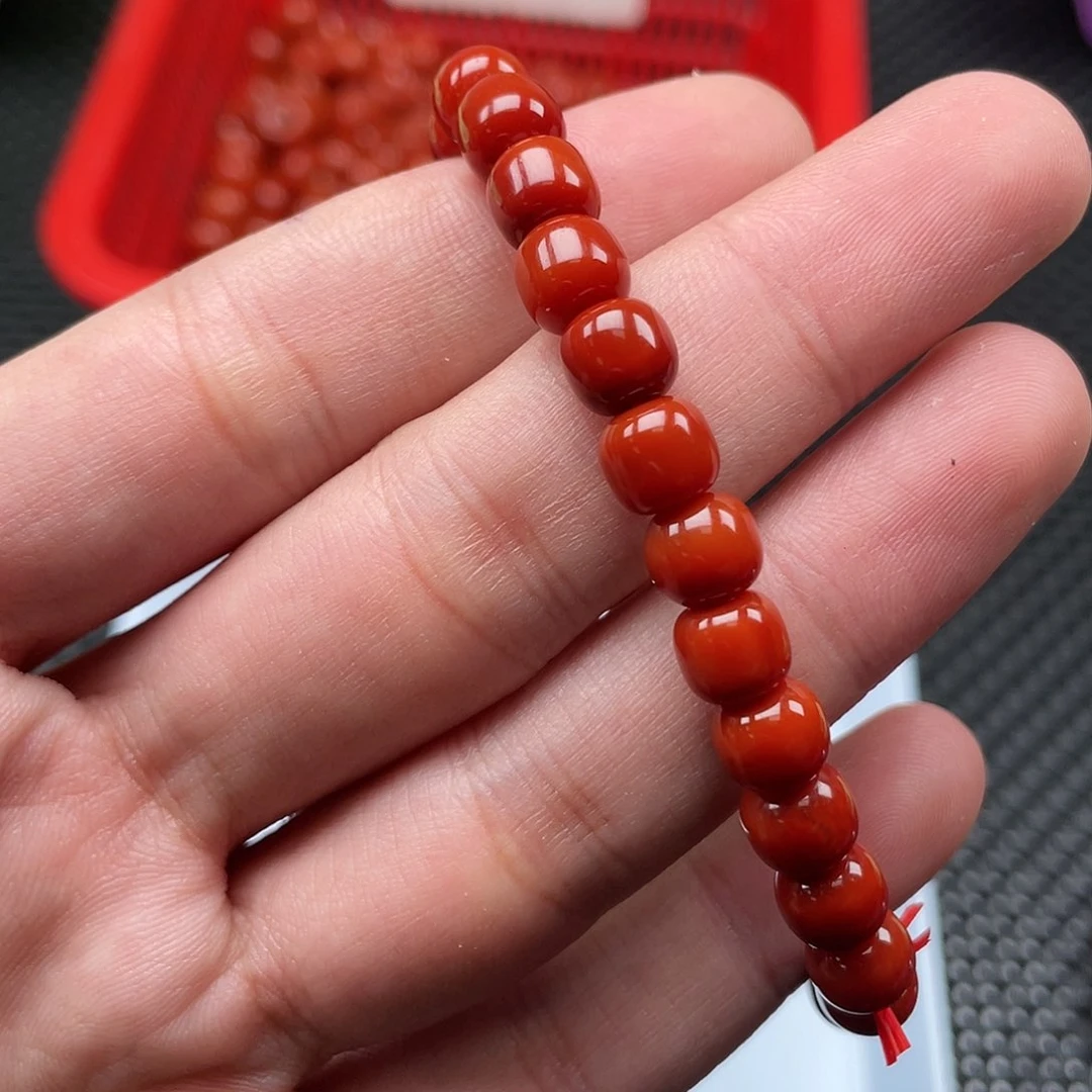 南红玛瑙7mm柿子红老型手链整串26颗未镶嵌