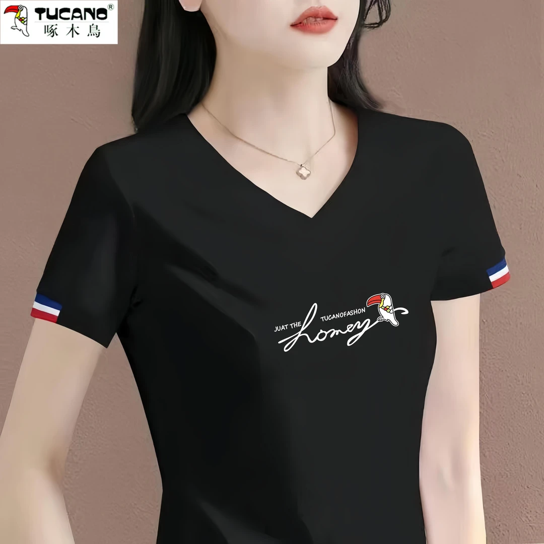 啄木鸟正品2025年新款夏季黑色V领纯棉短袖大版宽松百搭短T