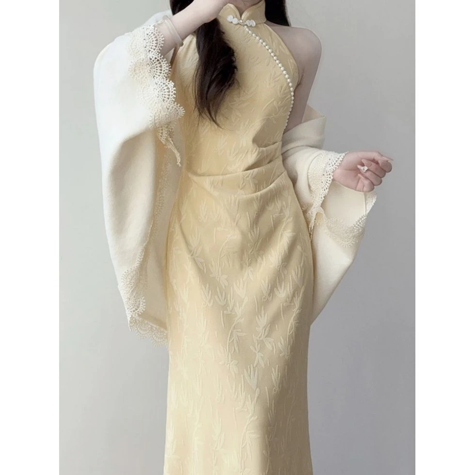 旗袍2025新款夏季少女年轻高端修身鱼尾挂脖晨袍新中式气质连衣裙