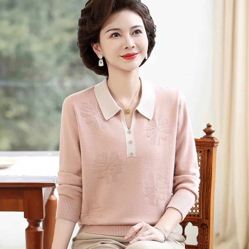 妈妈秋装洋气翻领针织衫中年女装春秋款打底毛衣减龄薄款春秋上衣