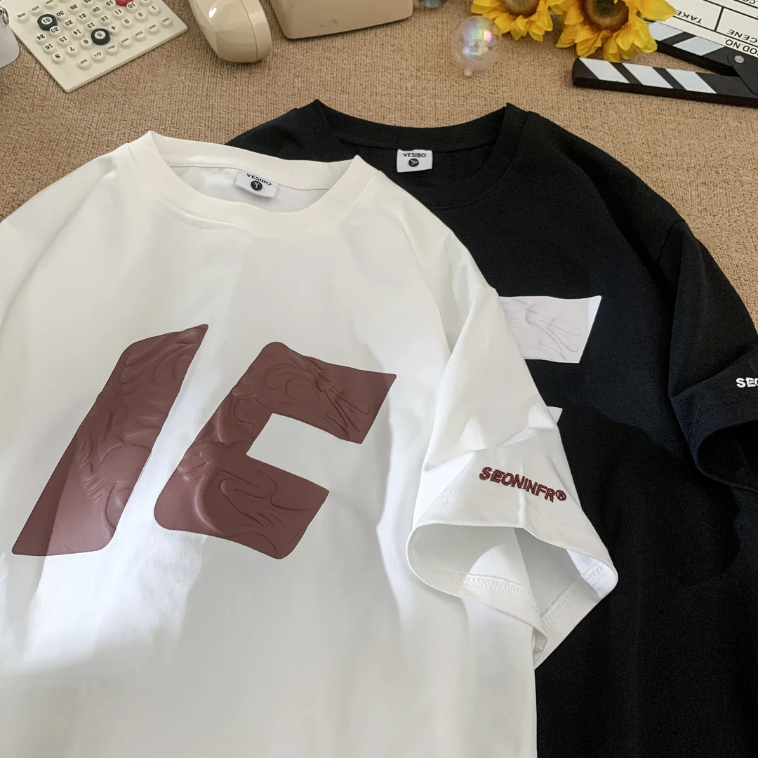 情侣短袖休闲印花夏季浮雕印花T恤ins美式设计感百搭上衣宽松