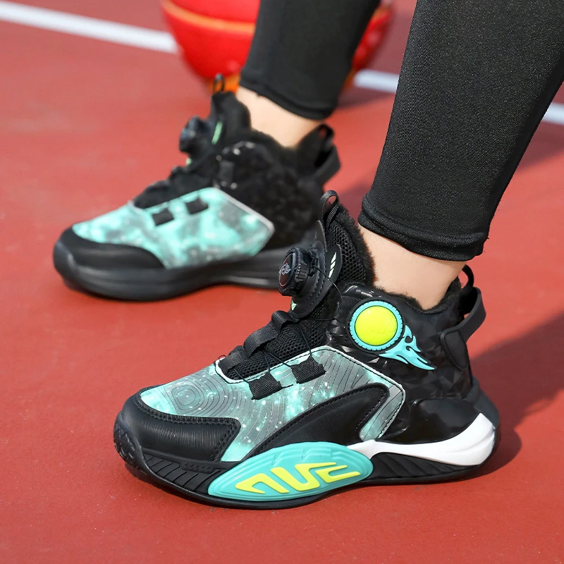 夯跑蓝球鞋2025冬季爆款保暖大棉旋转纽扣男女童运动鞋防滑