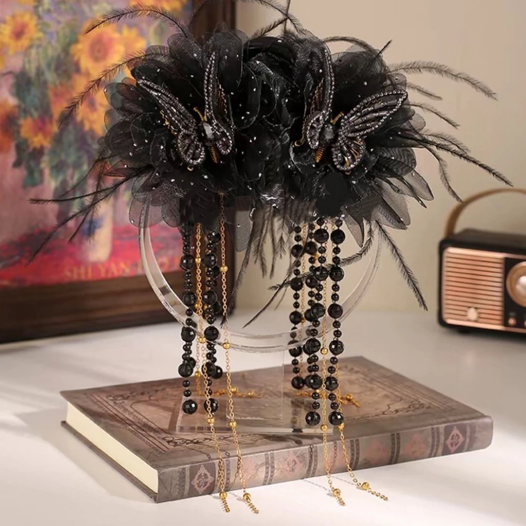 锦月如歌抓夹蝴蝶羽毛流苏珠珠发夹原创设计小众经典休闲发饰头饰