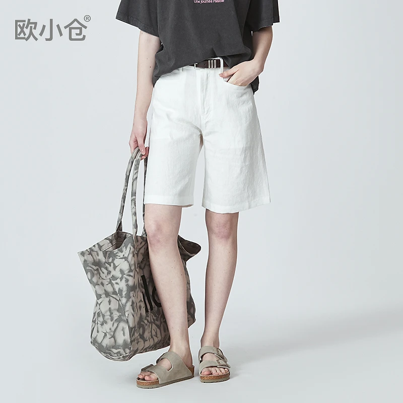 欧小仓冷萃系列夏日松弛感穿搭白色亚麻短裤五分裤女夏天裤子4196