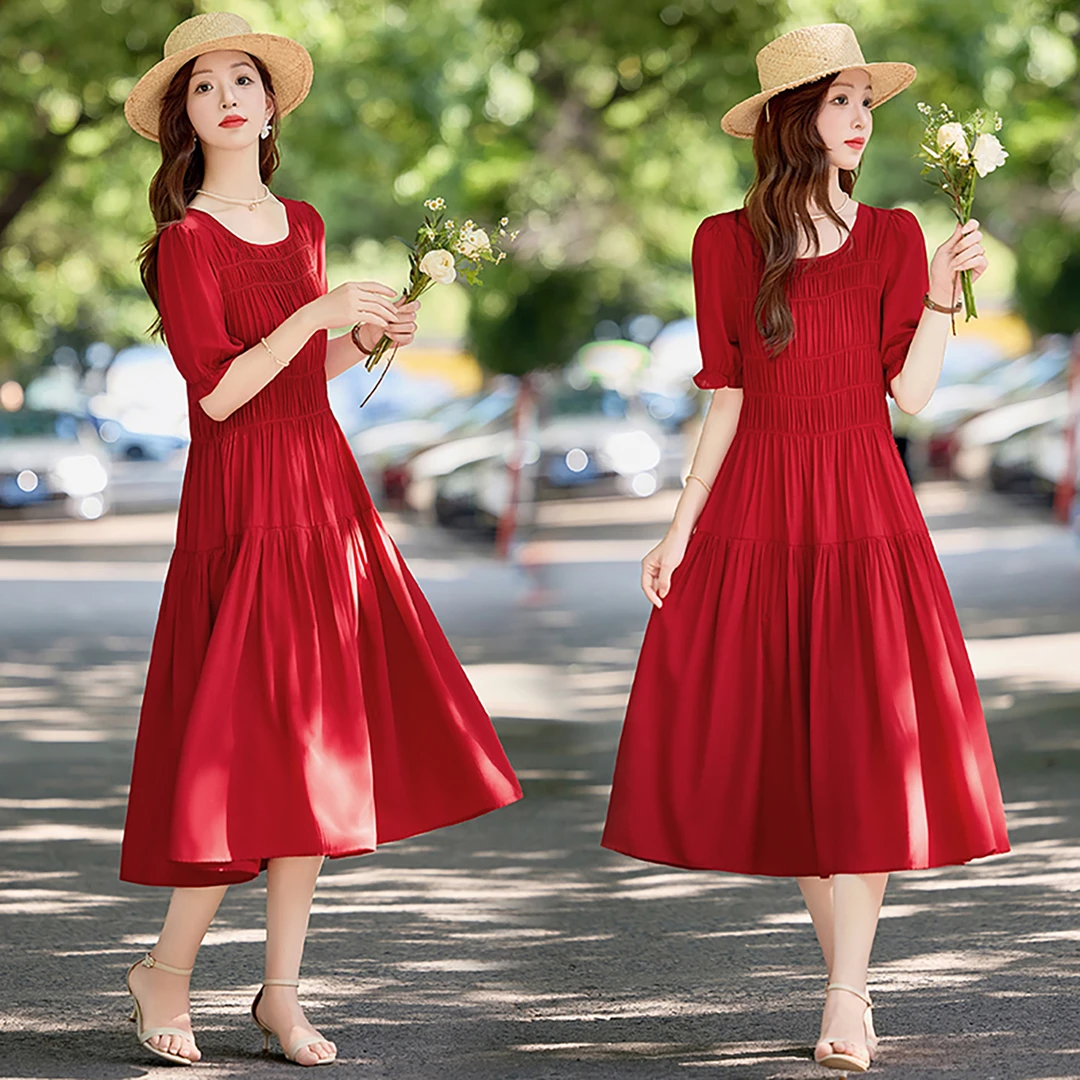 全网最火后妈裙2025年夏季长裙气质红色喜庆连衣裙财阀千金女装