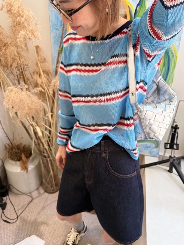 条纹防晒少女风圆领针织衫牛仔套头防晒