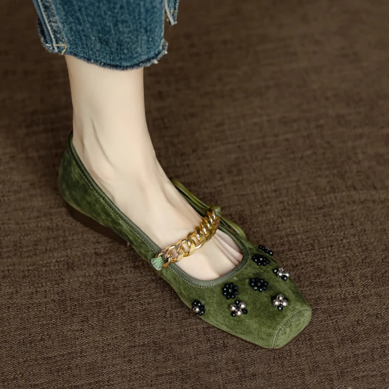 三福法式珍珠方头单鞋女夏季浅口蝴蝶结平底鞋复古软底玛丽珍鞋