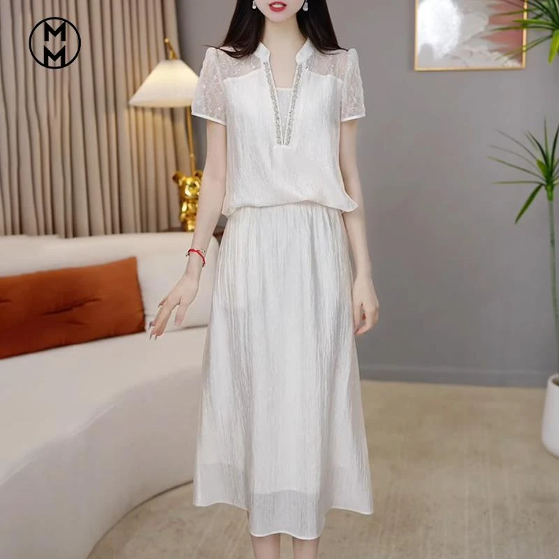 MM妈妈两件套连衣裙女2025夏季新款轻奢减龄超显瘦大码短袖套装裙