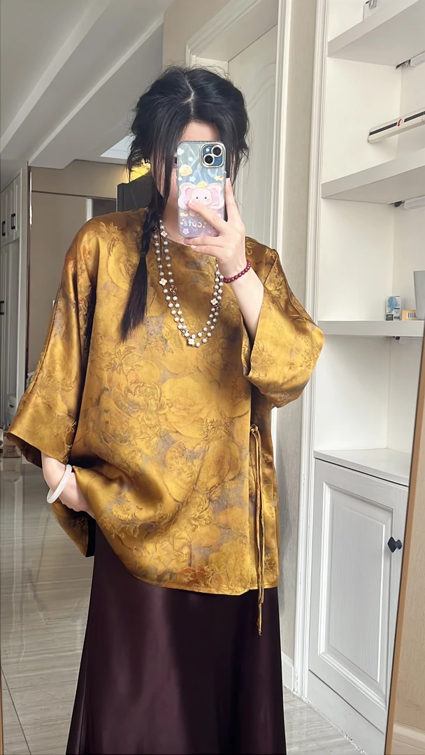 百分百桑蚕丝女装毛衫新中式斜襟毛衫上衣