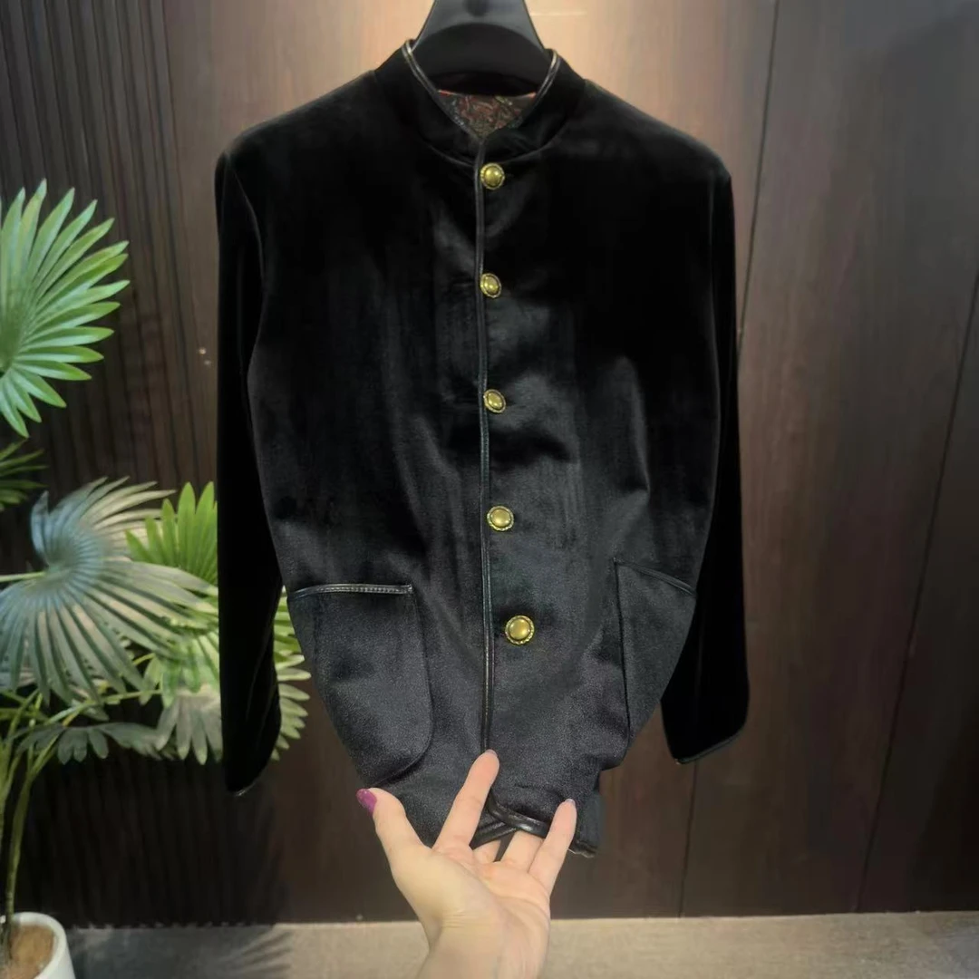 2025新款男士进口丝绒立领纽扣高品质国风夹克短款秋季休闲外套