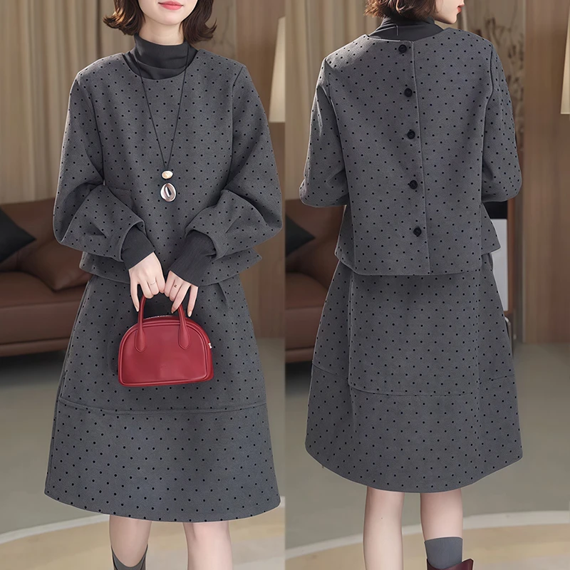 法式轻熟气质秋冬温柔波点宽松上衣高腰显瘦半身裙优雅时尚套装女