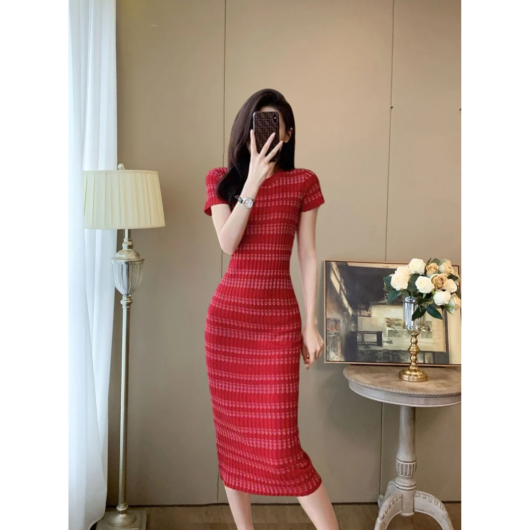 夏季新款法式复古撞色条纹针织衫气质修身中长款圆领短袖包臀裙女