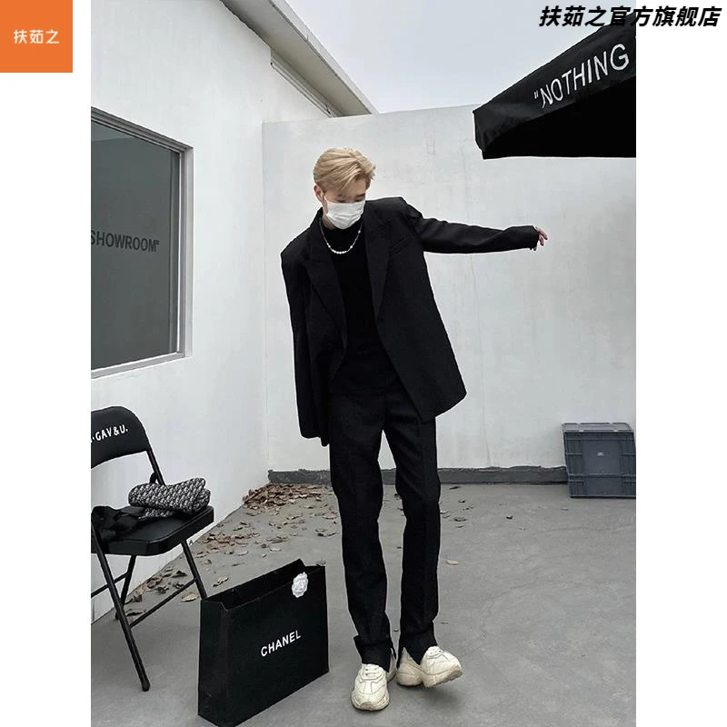 纯黑色意式那不勒斯西装外套高级感痞帅垫肩休闲西服英伦雅痞男装