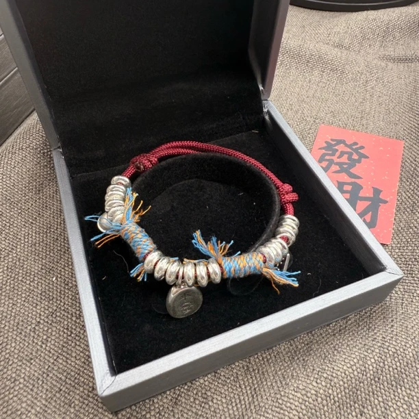 足银手链 D53银铃铛平安福牌红绳