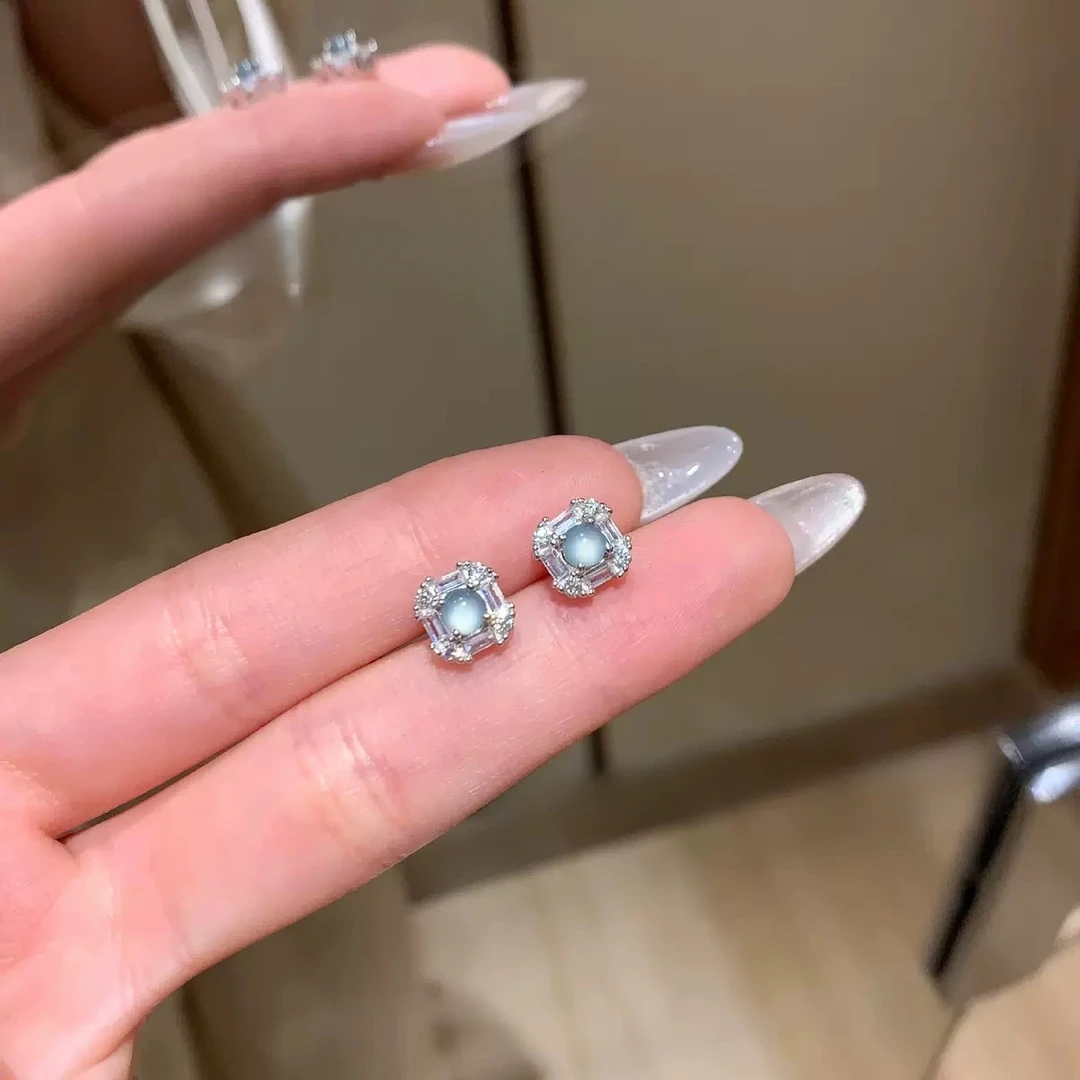 S925银镶天然A货翡翠蓝水方糖耳钉