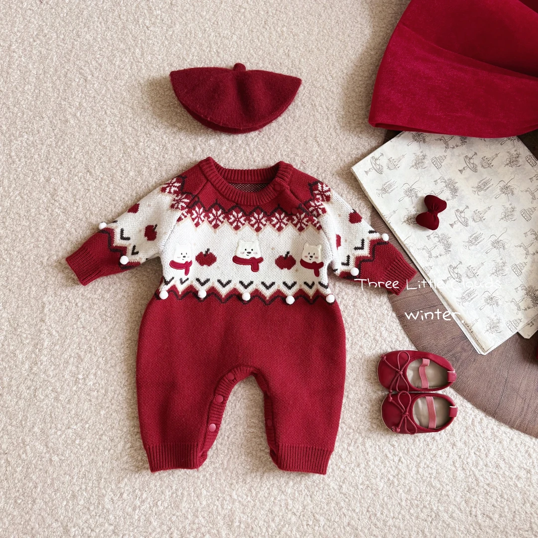 三小朵2942【苹果小熊】女宝宝婴幼针织爬服加厚暖气房新年可爱套装