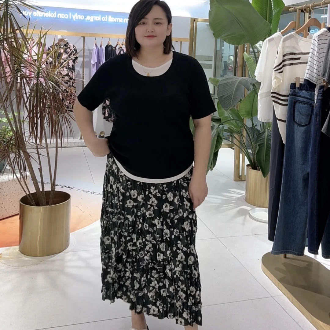 胖mm大码碎花褶皱半身长裙