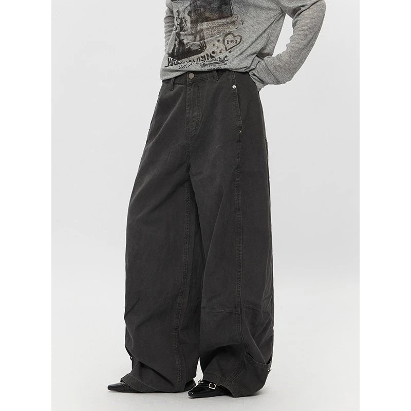 2025新款街头水洗做旧伐木牛仔裤情侣春秋直筒宽松休闲阔腿裤男女