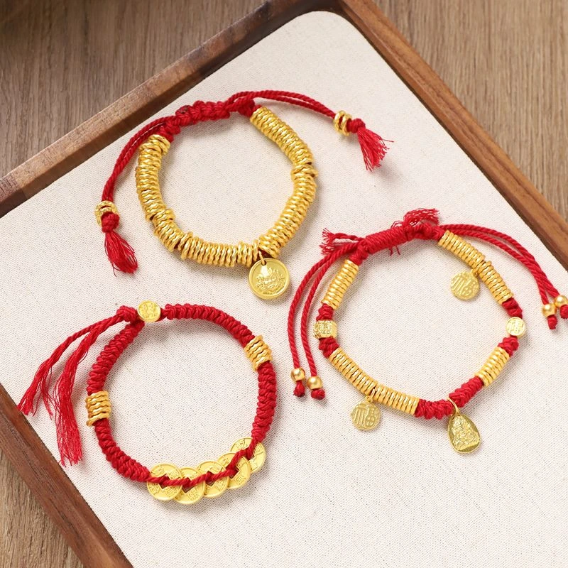 铜合金手链 铜合金五帝钱手链编绳手工可调节儿童情侣编织国风