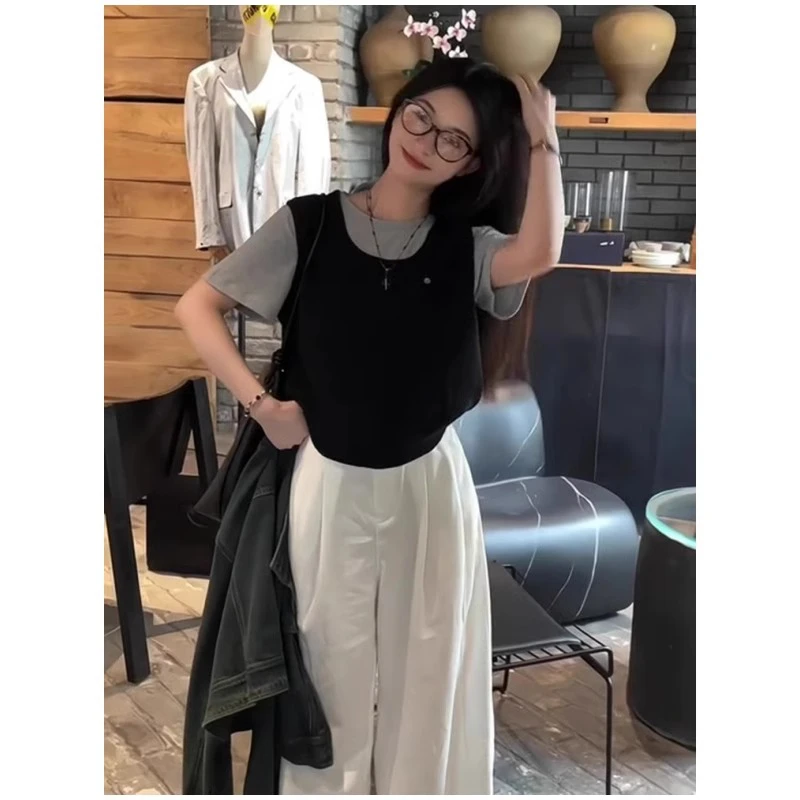 法式设计感小众撞色假两件正肩短袖t恤女夏季小个子独特漂亮上衣