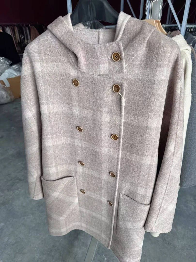 【万道喜】2025秋冬季双面羊毛大衣格子连帽韩版外套