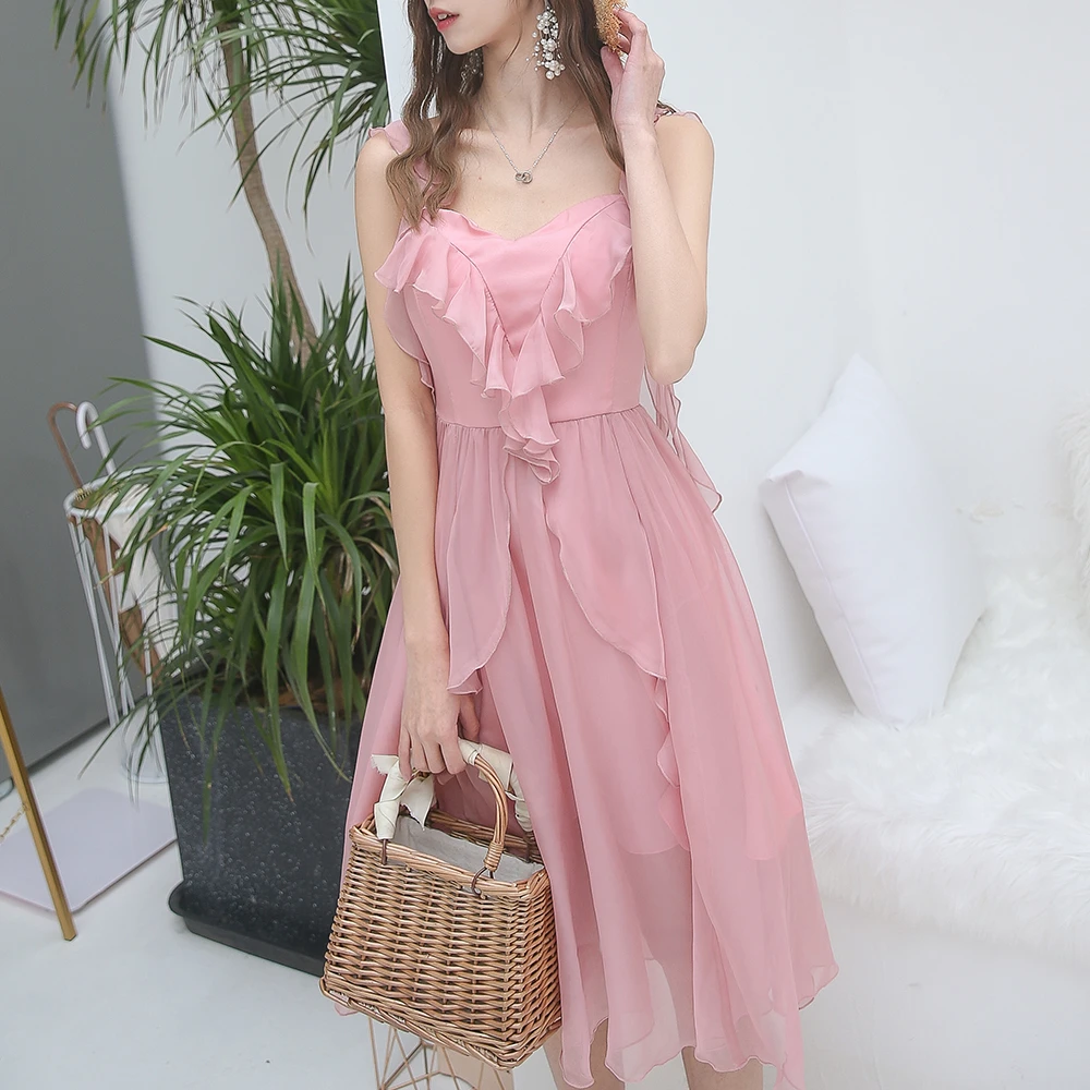 【21058】粉色吊带荷叶边手臂绑带连衣裙