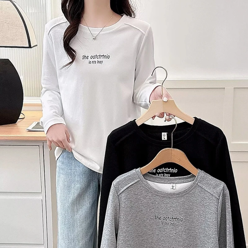 大码女装时尚显瘦内搭休闲简约宽松T恤印花圆领纯色百搭长袖