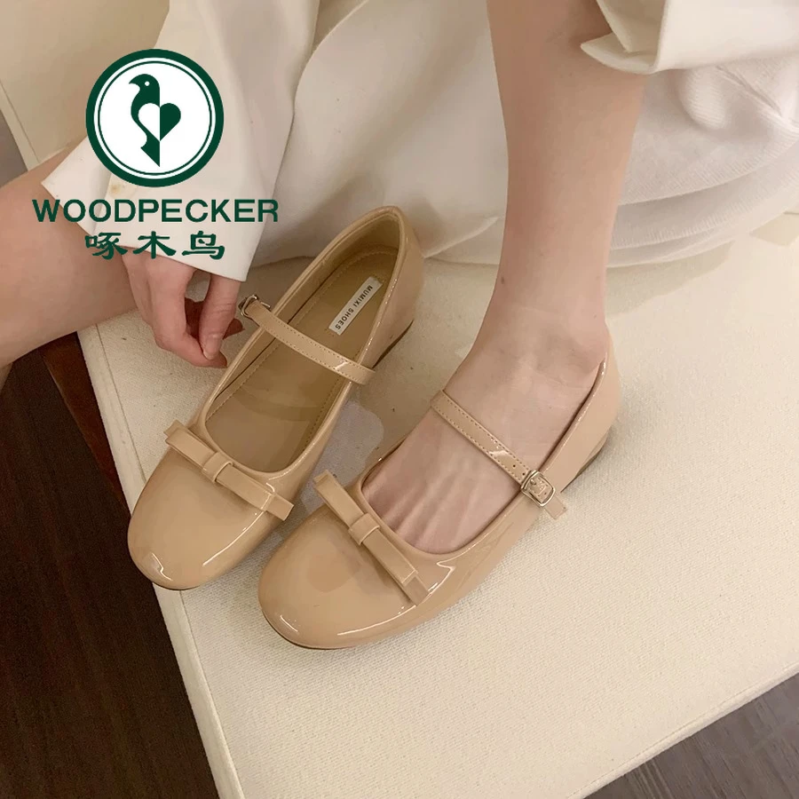 啄木鸟裸色内增高4cm~浅口单鞋女秋季甜美蝴蝶结一字扣玛丽珍鞋女