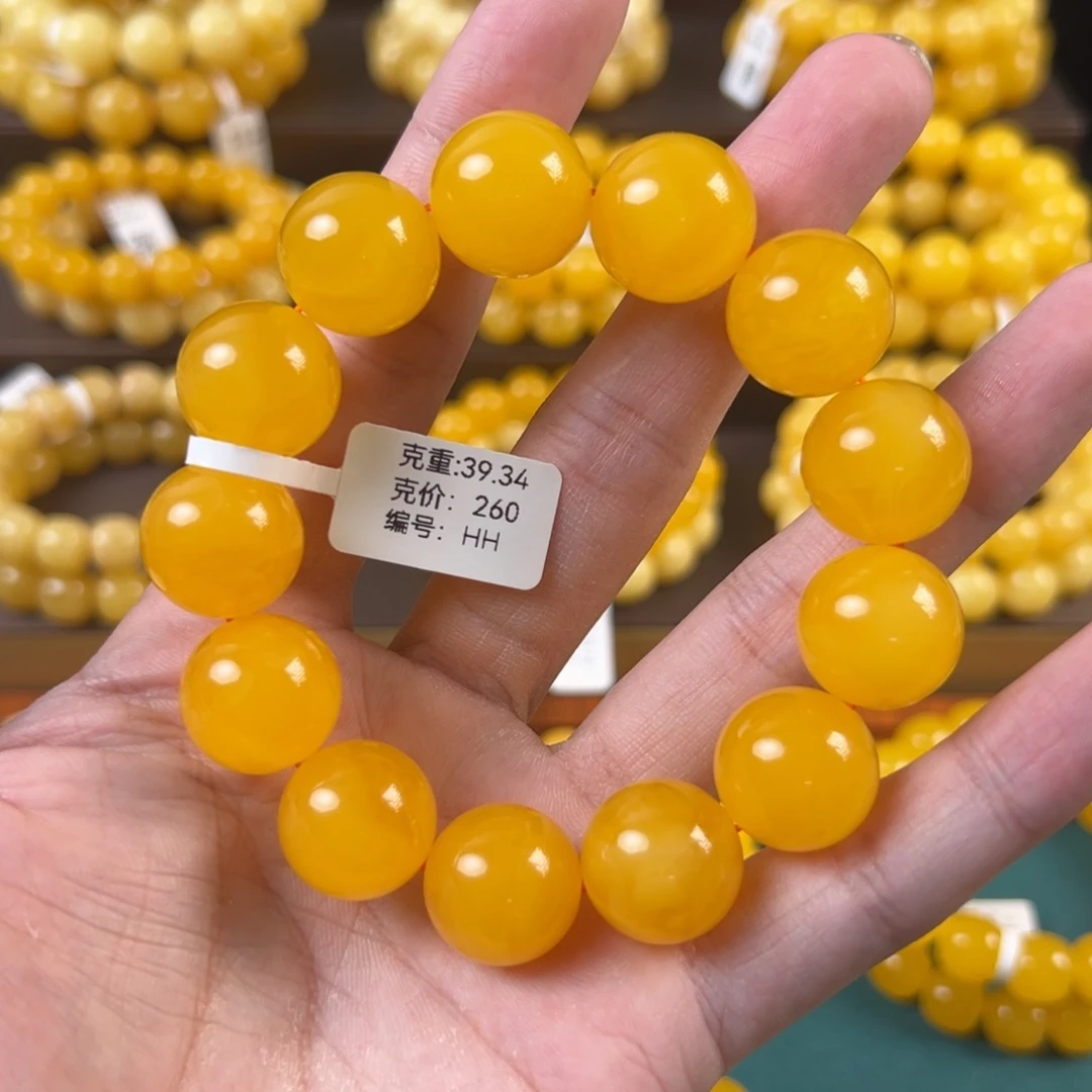 琥珀未镶嵌手串39.34g焦皮鸡油红满蜡橘底花HH