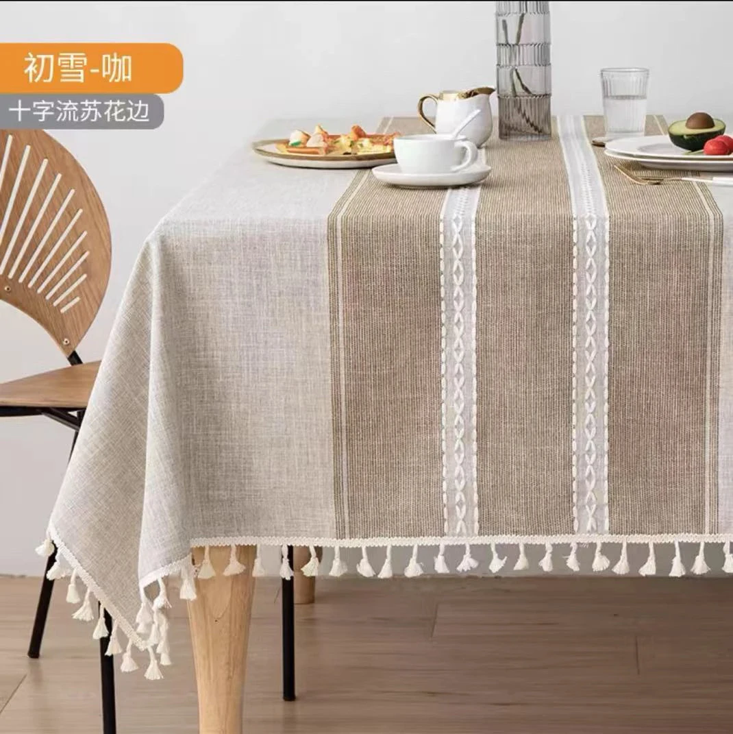 小徐约147*259米咖色条纹棉麻长方形桌布