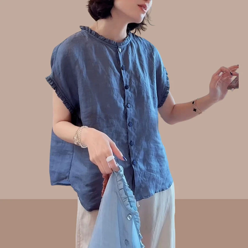 木耳边拼接纯色短袖衬衫女2025年夏季新款时尚百搭设计感显瘦上衣