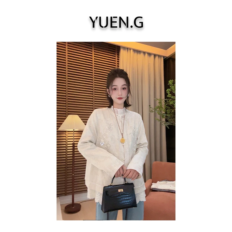 YUEN.G 2025春款人丝亚麻重工钉珠刺绣亮片短外套