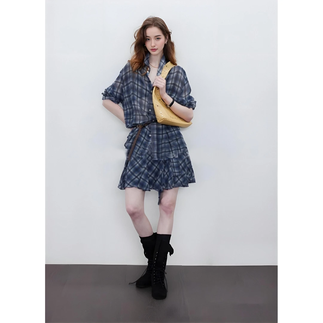 parkyeon港风复古藏蓝色格纹衬衫通勤休闲松弛慵懒半身裙气质套装