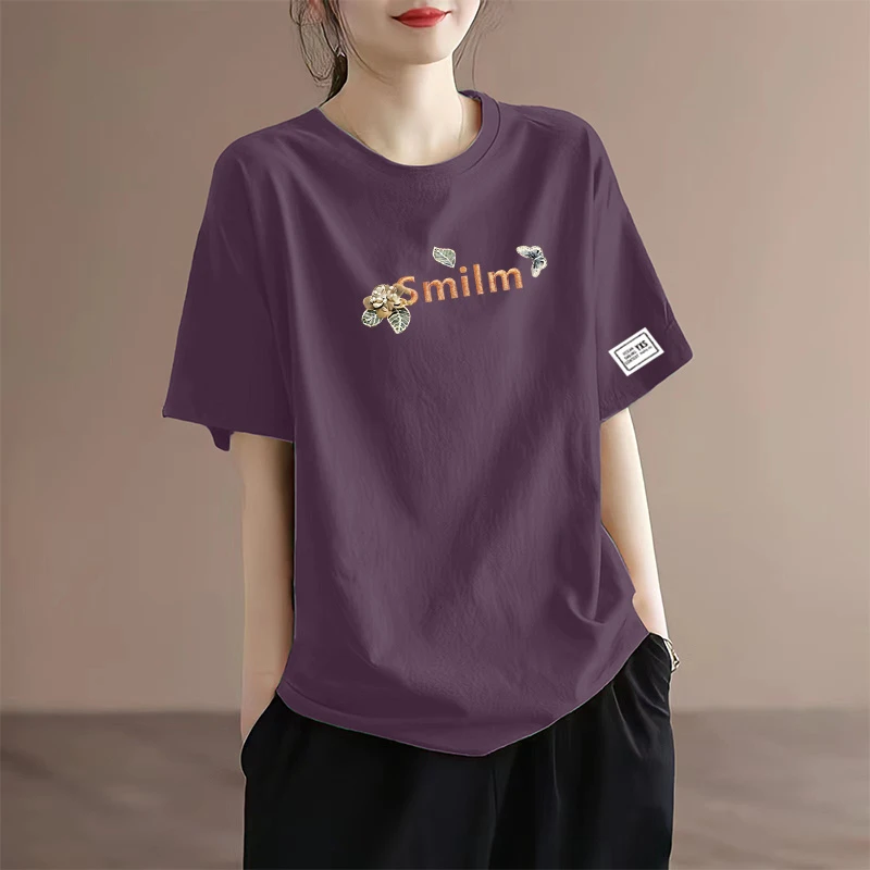 2025新款夏季纯棉短袖t恤女装百搭韩版宽松圆领白色上衣服体恤衫